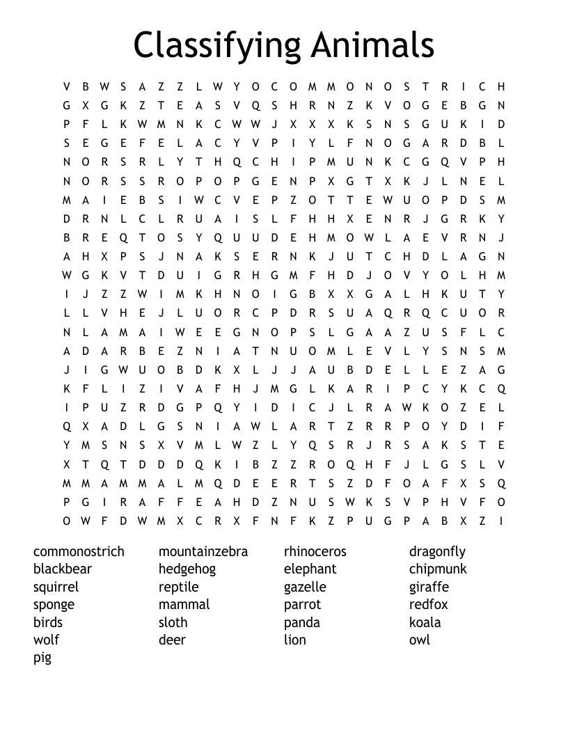 Classifying Animals Word Search