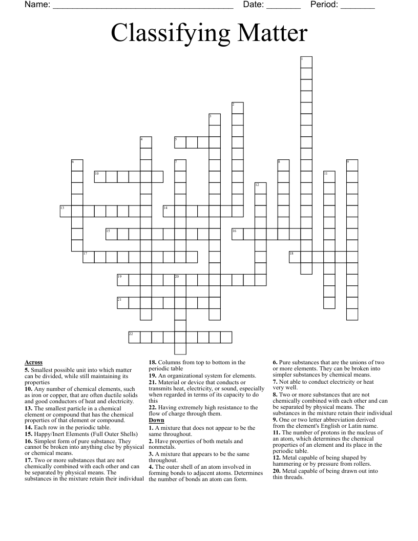 Classifying Matter Crossword