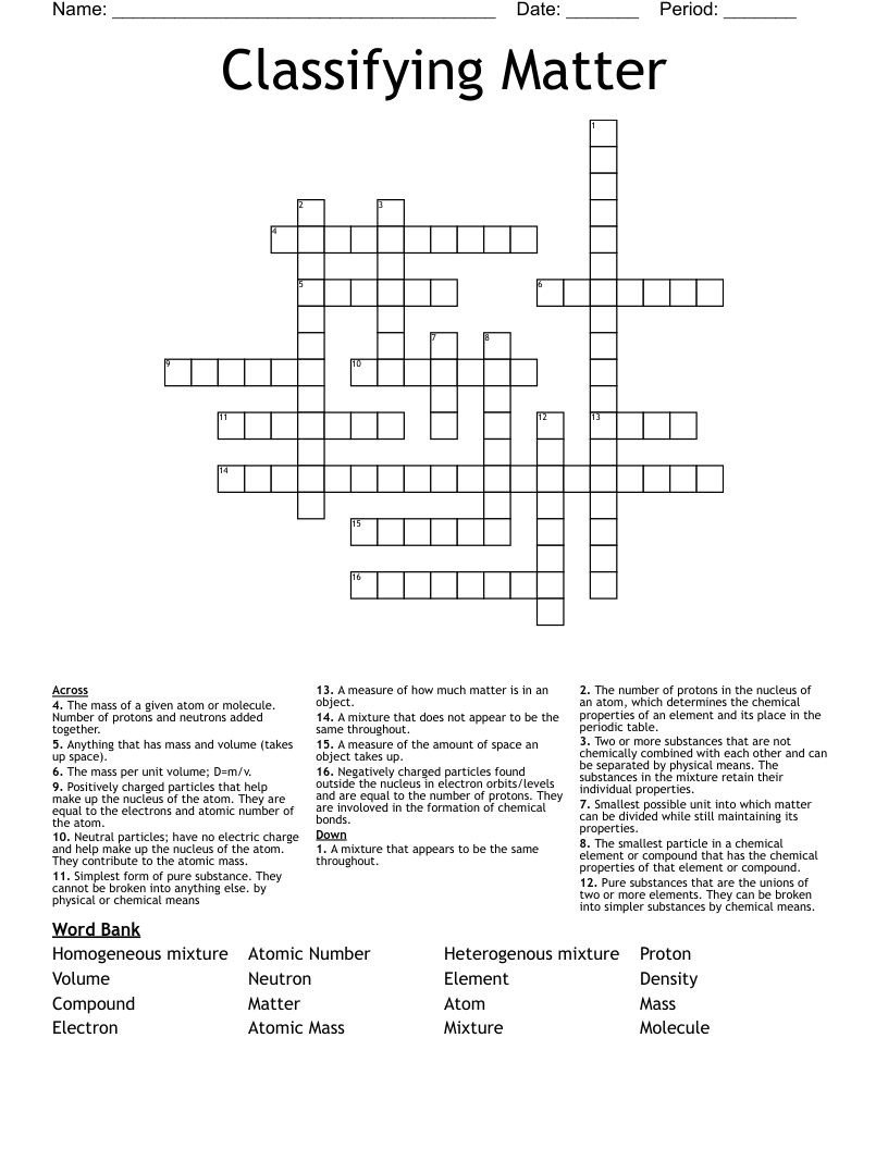 Classifying Matter Crossword