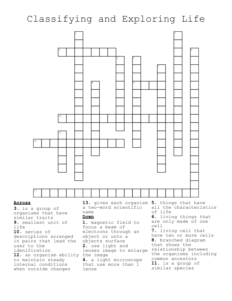 Classifying and Exploring Life  Crossword