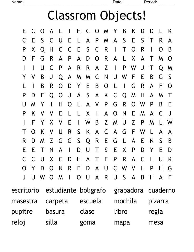 Classrom Objects! Word Search