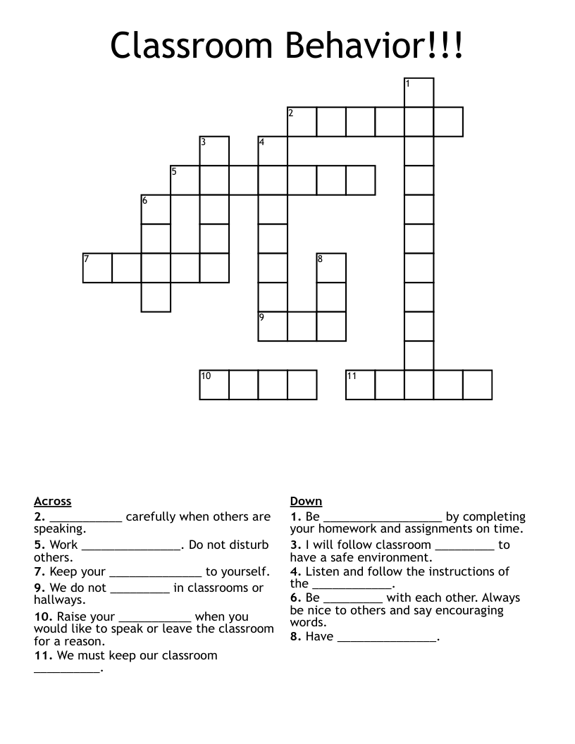 Classroom Behavior!!! Crossword