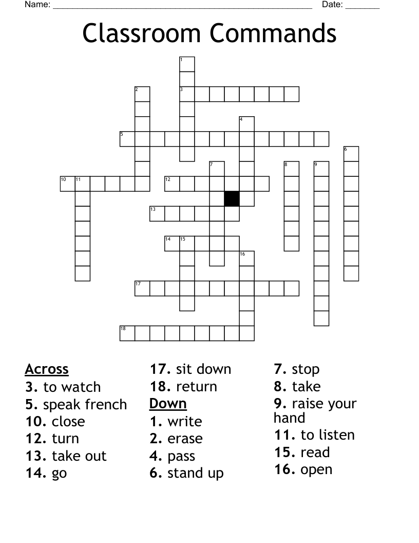 Classroom Commands Crossword