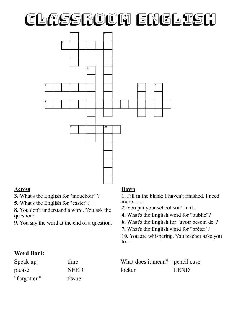 Classroom English Crossword