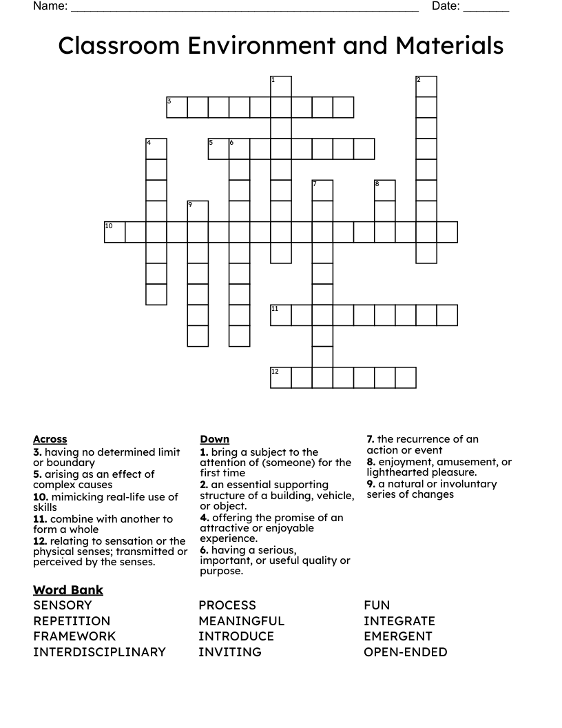Classroom Environment and Materials Crossword
