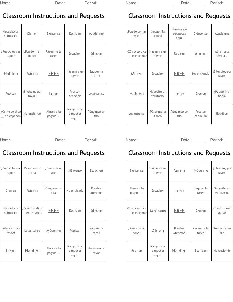 Classroom Instructions and Requests Bingo Cards