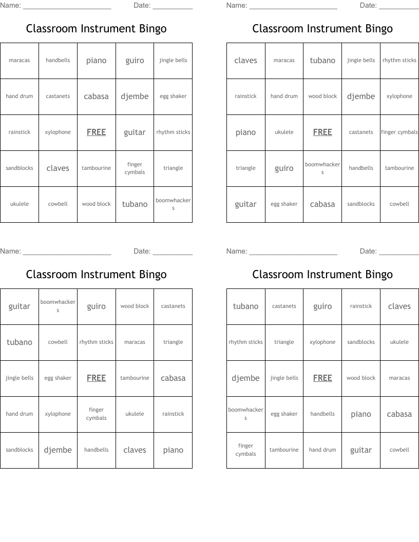 Classroom Instrument Bingo