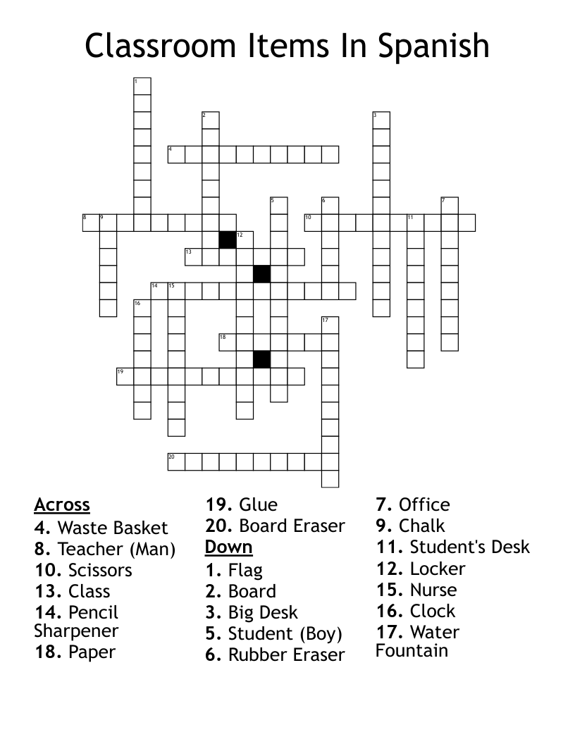 Classroom Items In Spanish      Crossword