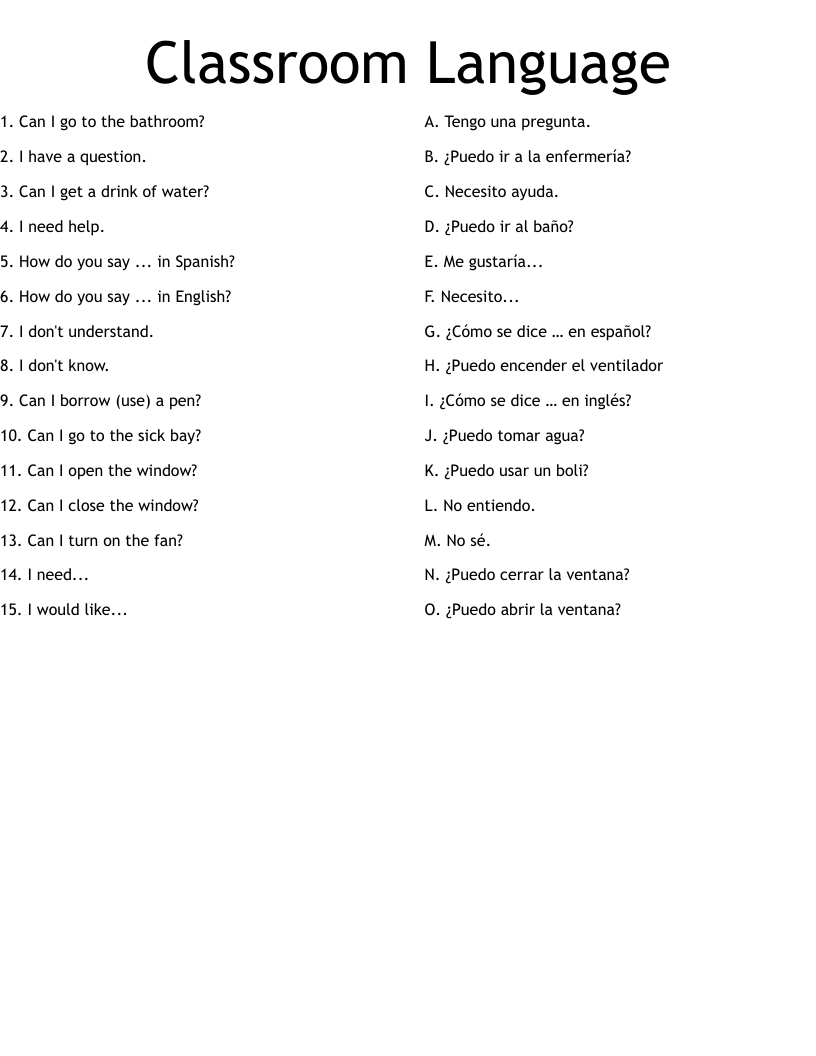 Classroom Language Worksheet