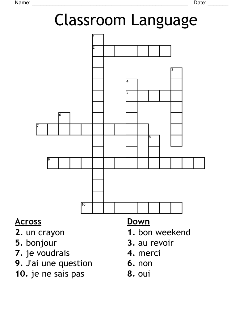 Classroom Language Crossword