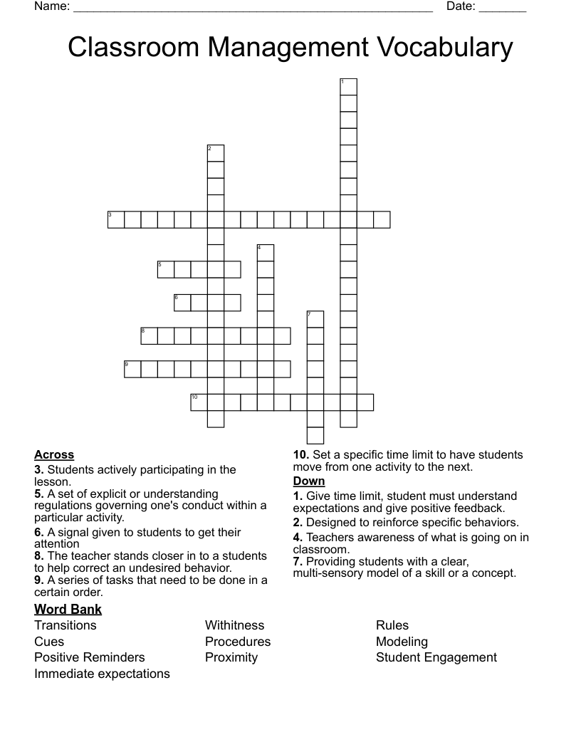 Classroom Management Vocabulary   Crossword