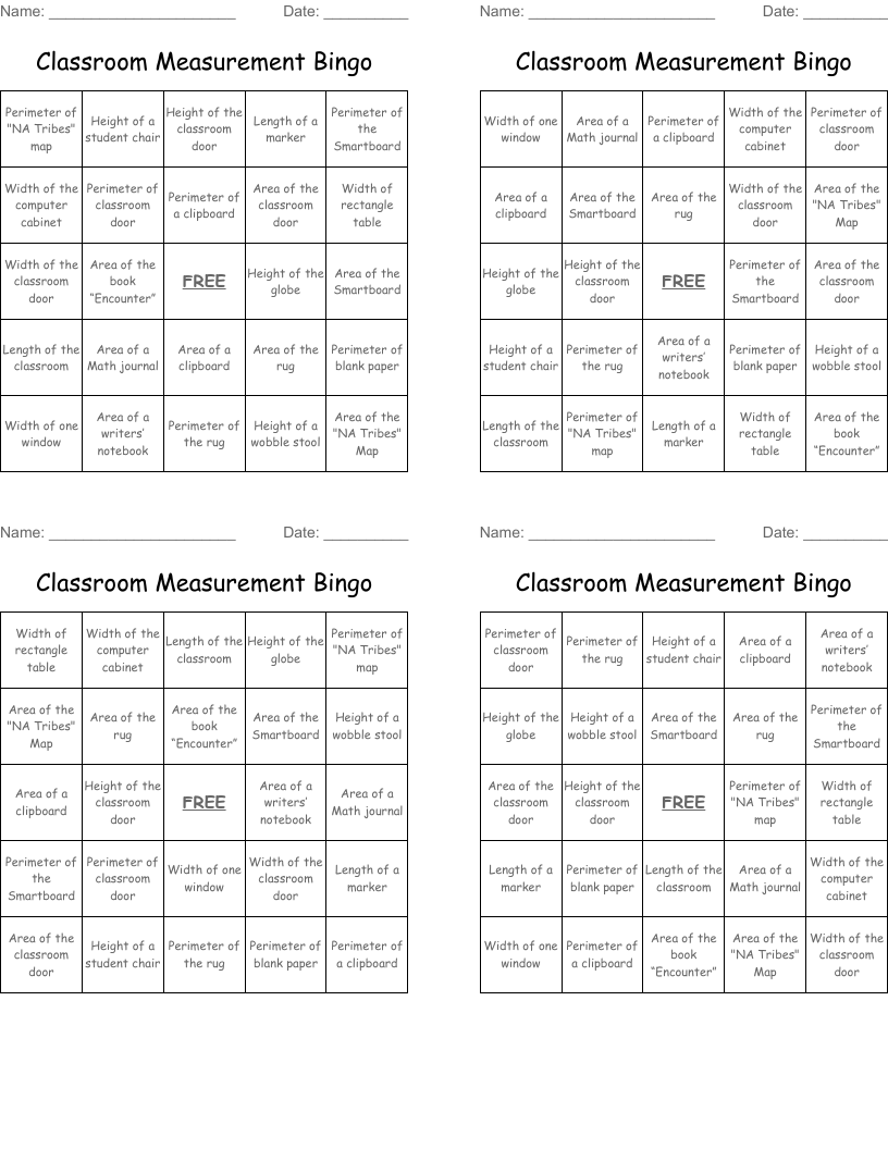 Classroom Measurement Bingo