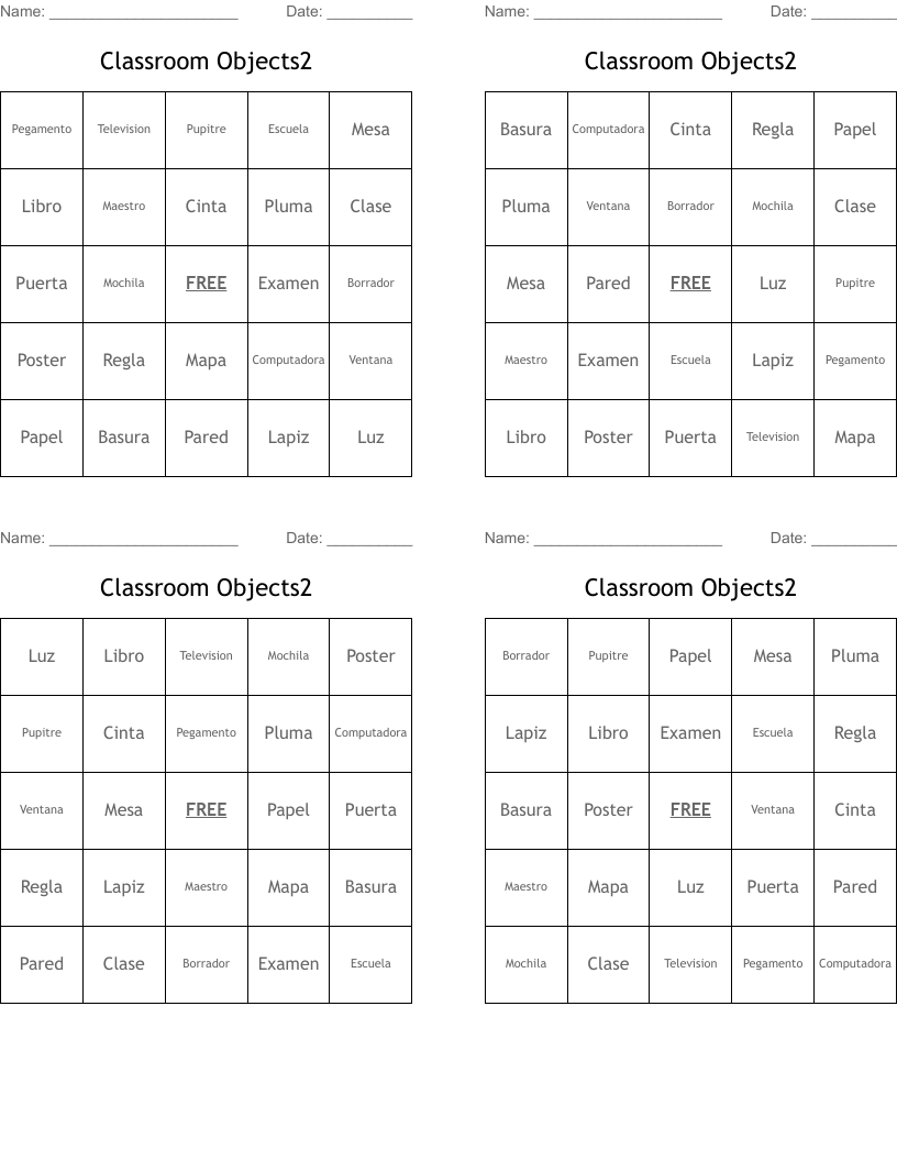 Classroom Objects2 Bingo Cards