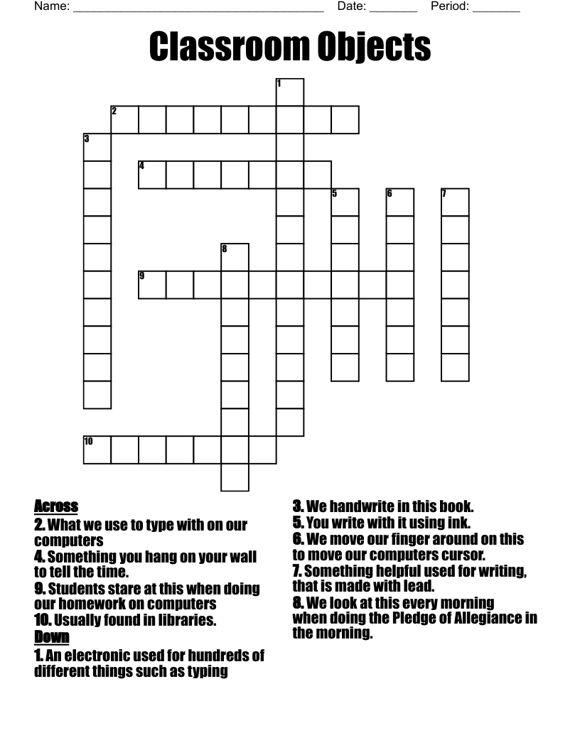 Classroom Objects Crossword