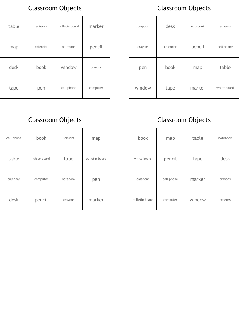 Classroom Objects Bingo Cards