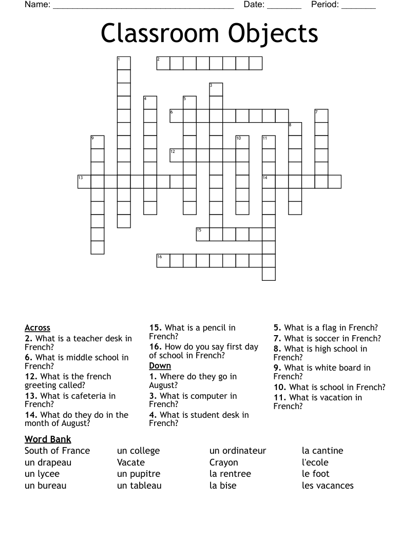 Classroom Objects Crossword