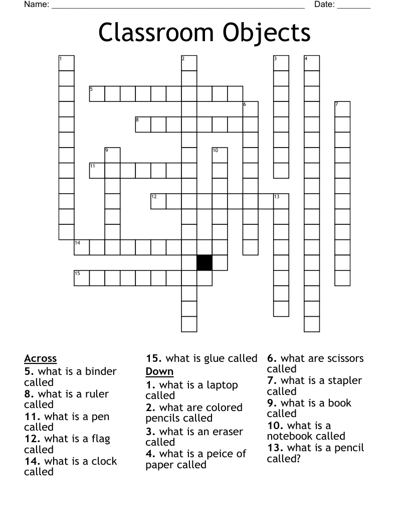 Classroom Objects Crossword