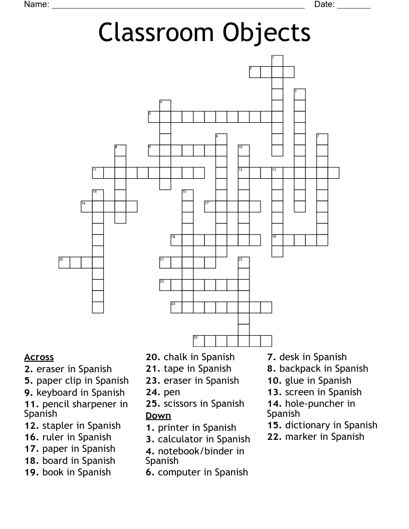 Classroom Objects Crossword