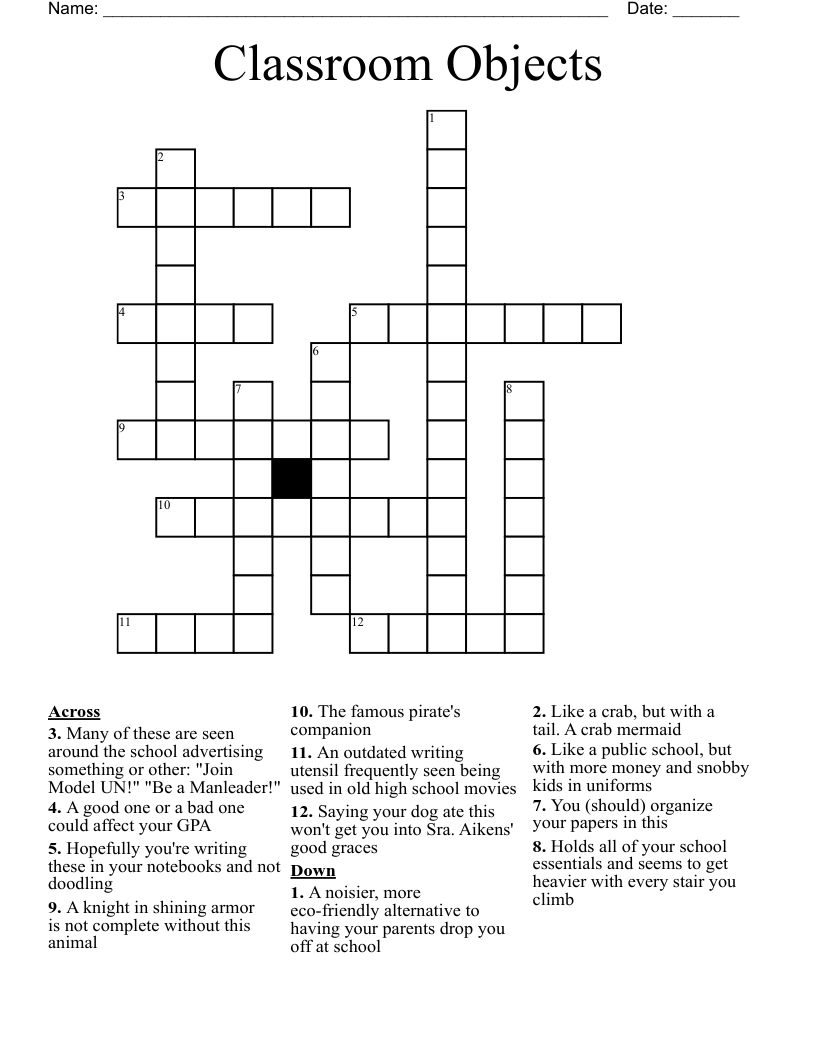 Classroom Objects Crossword
