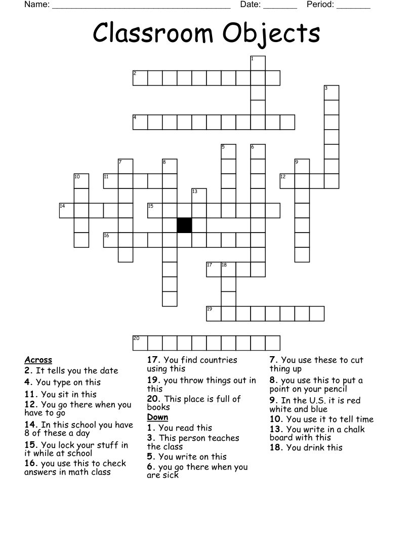 Classroom Objects Crossword