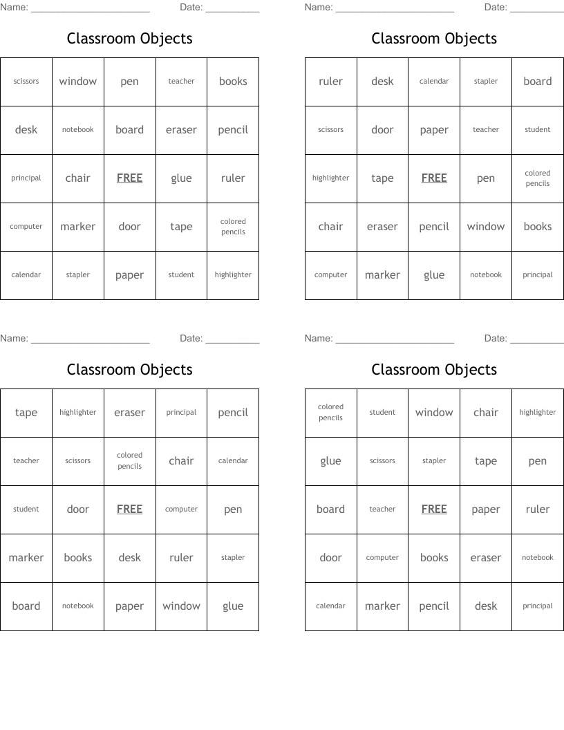Classroom Objects Bingo Cards