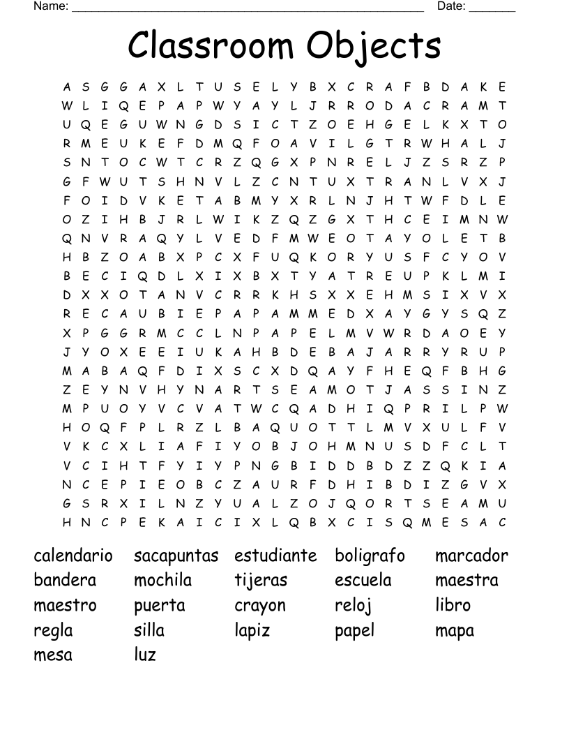 Classroom Objects Word Search