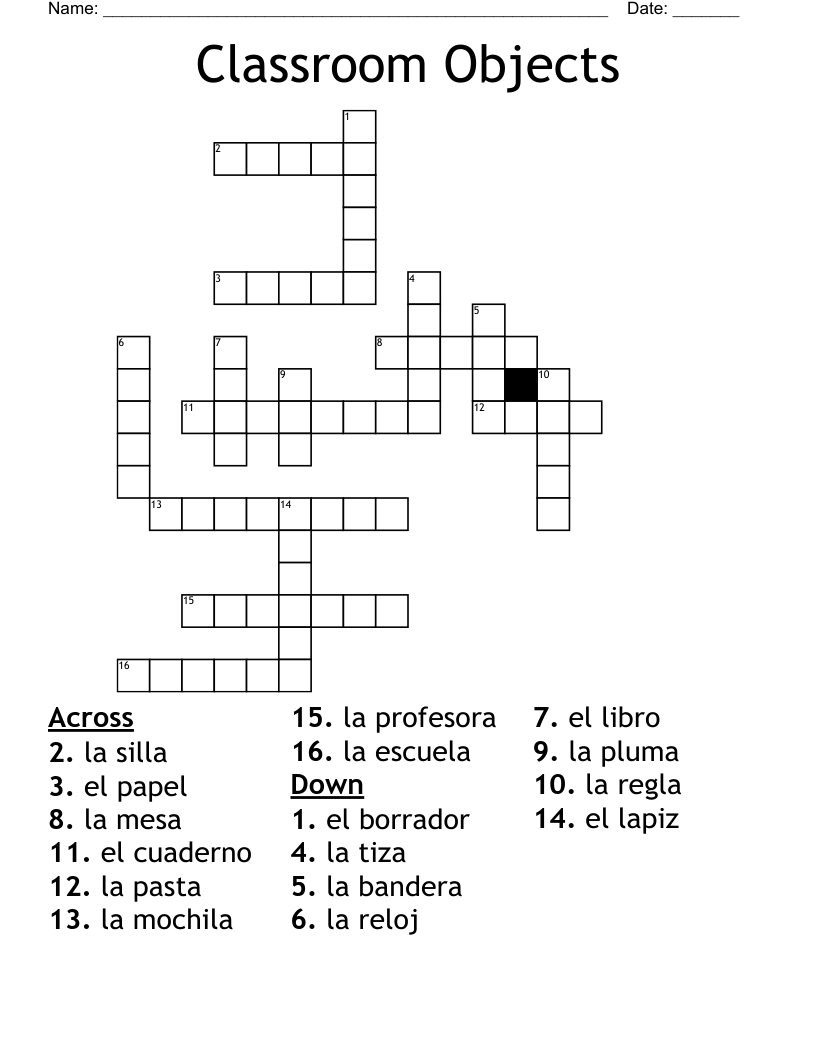 Classroom Objects Crossword