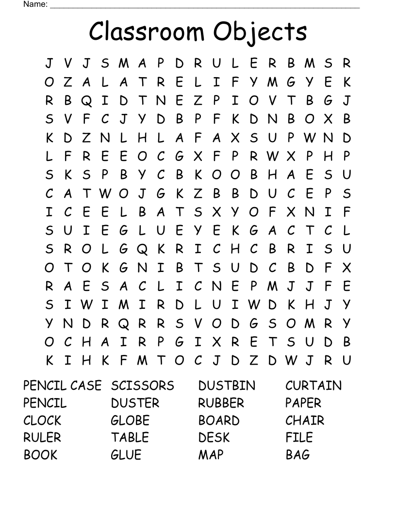 Classroom Objects Word Search