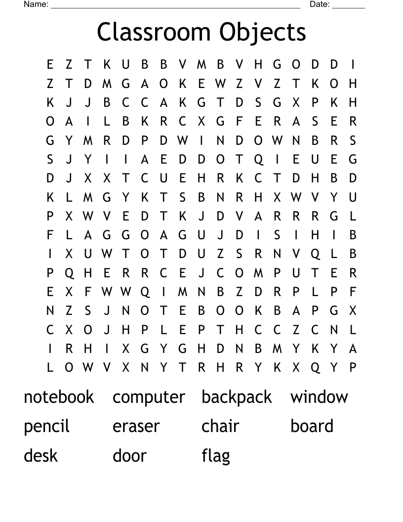 Classroom Objects Word Search