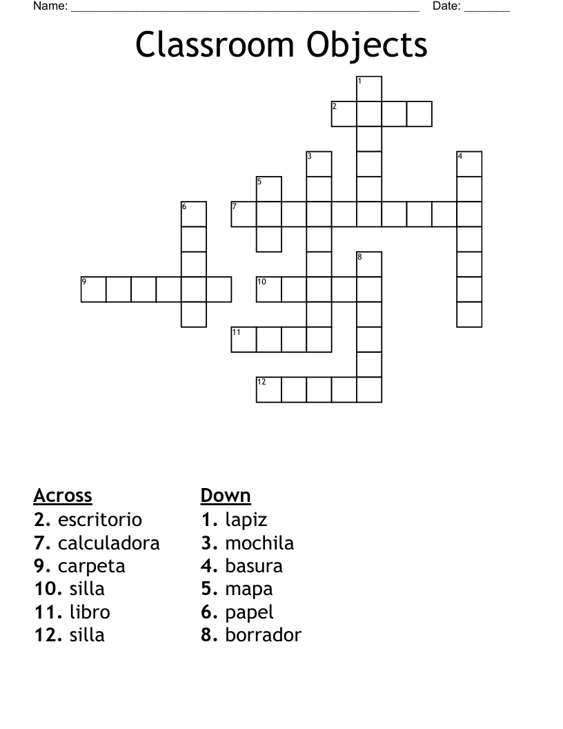 Classroom Objects Crossword