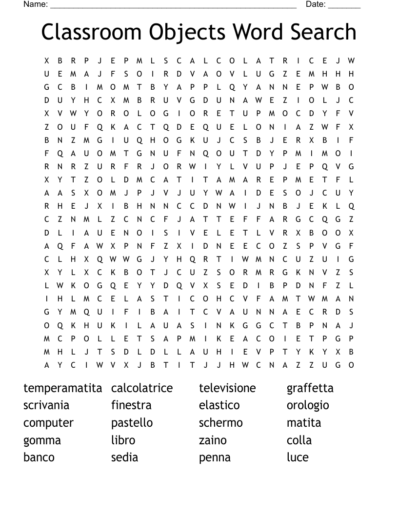 Classroom Objects Word Search
