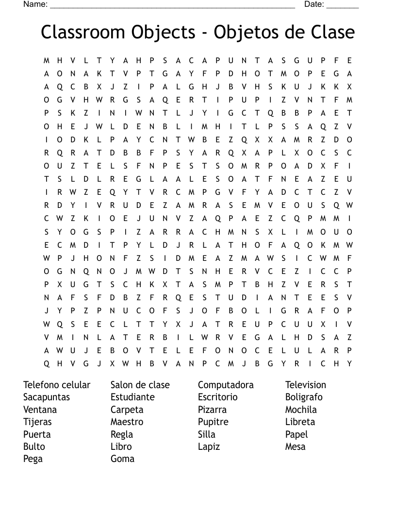 Classroom Objects - Objetos de Clase Word Search
