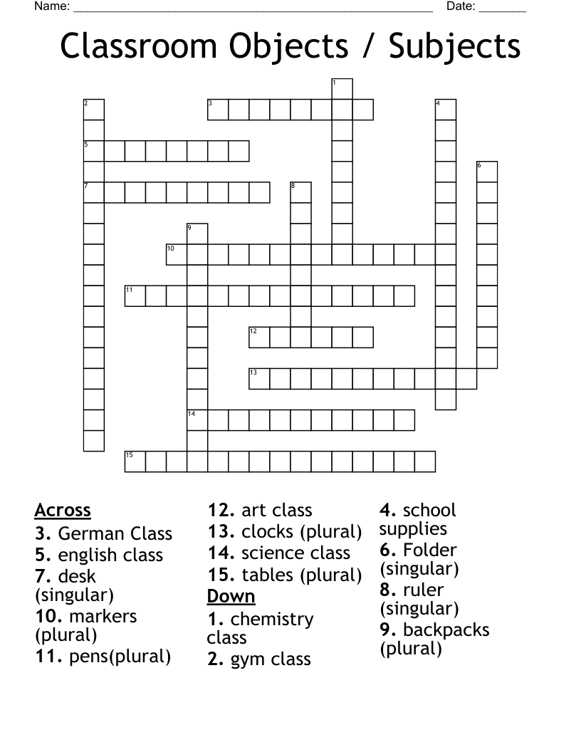 Classroom Objects / Subjects Crossword