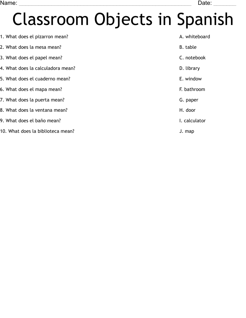 Classroom Objects in Spanish Worksheet