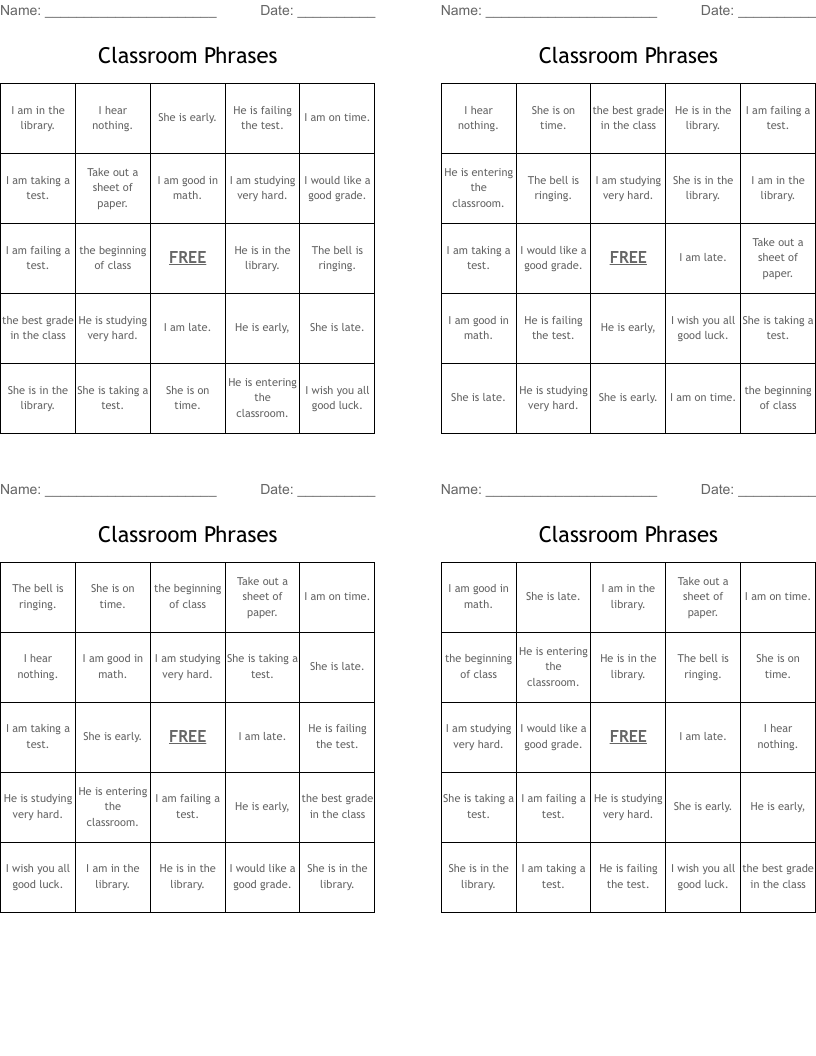 Classroom Phrases Bingo Cards