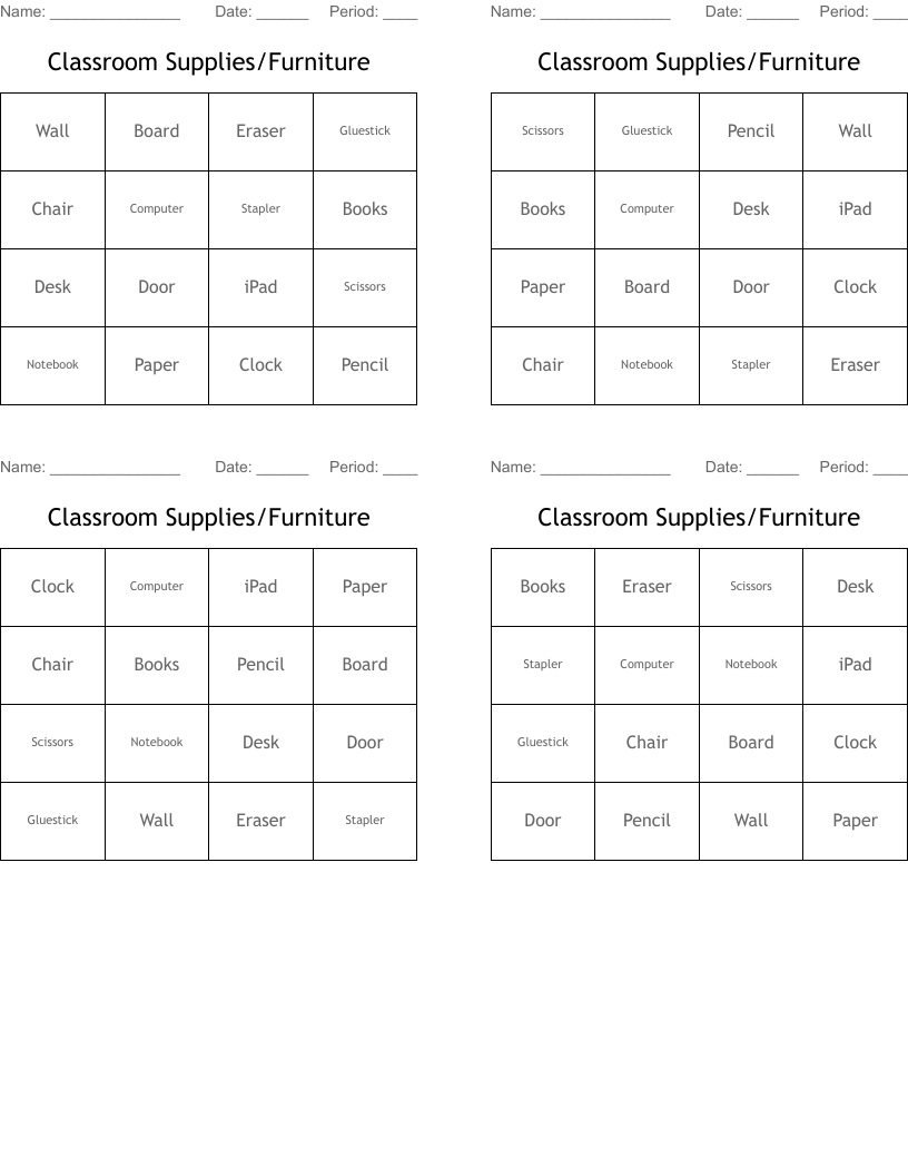 Classroom Supplies/Furniture Bingo Cards