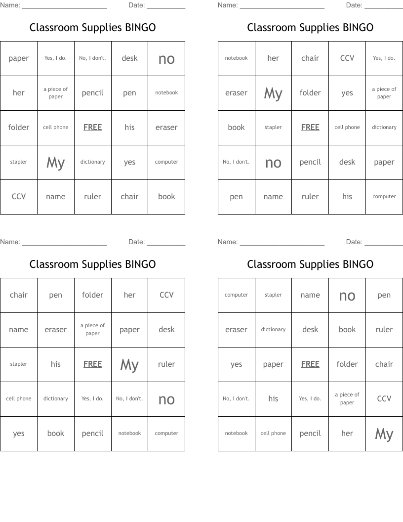 Classroom Supplies BINGO