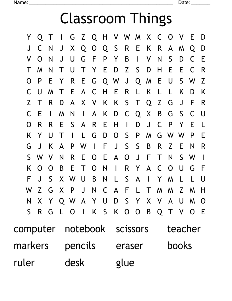 Classroom Things Word Search