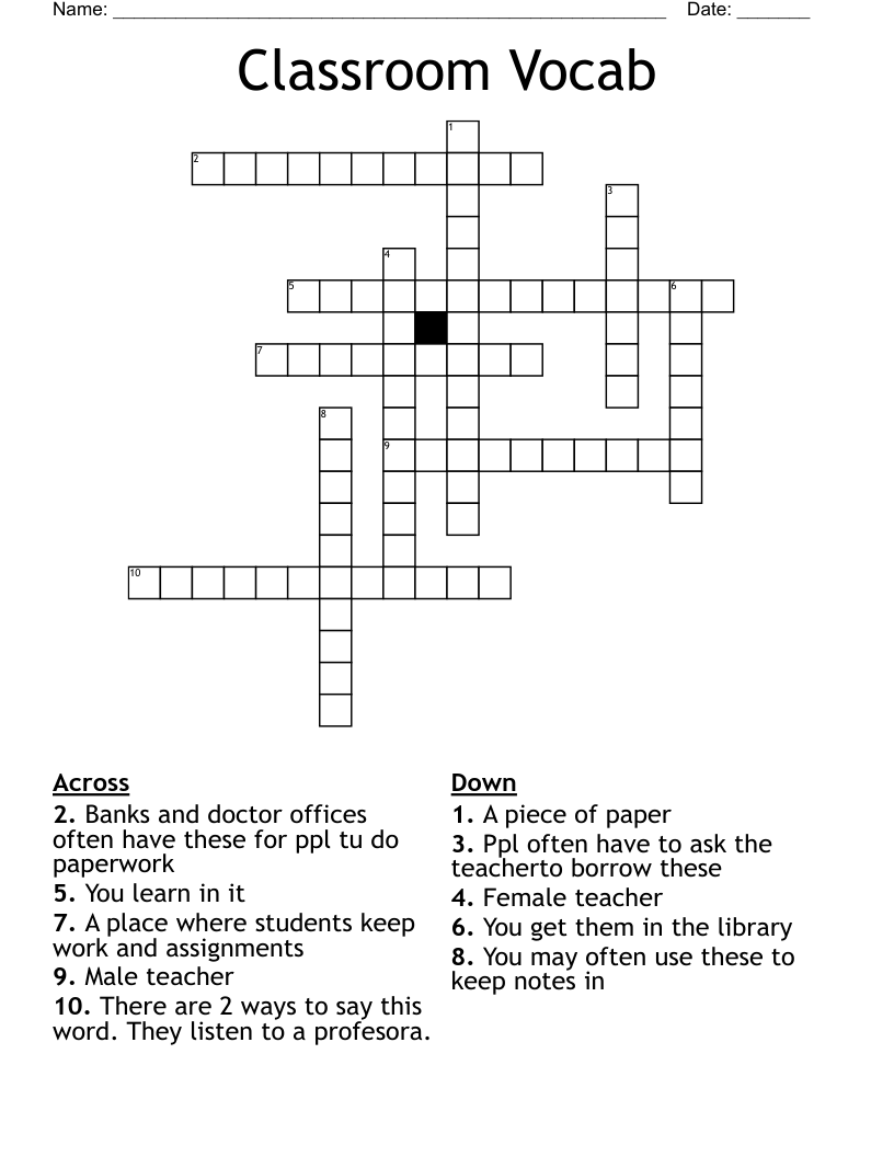 Classroom Vocab Crossword