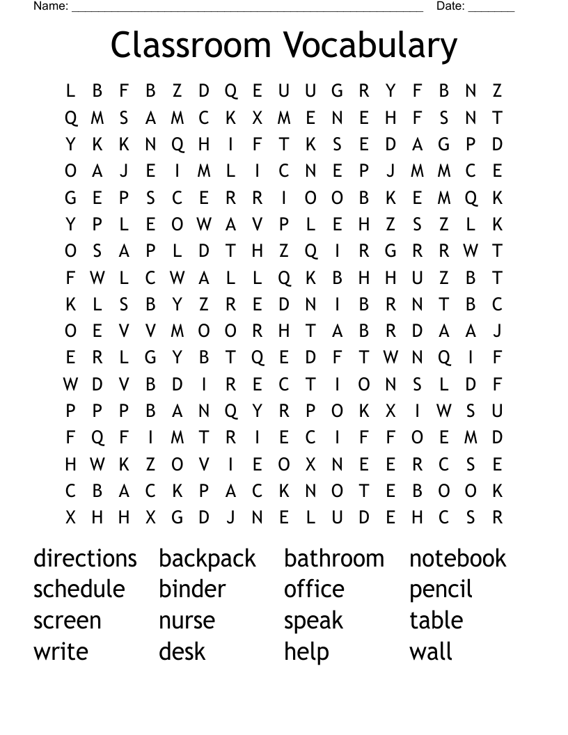 Classroom Vocabulary Word Search