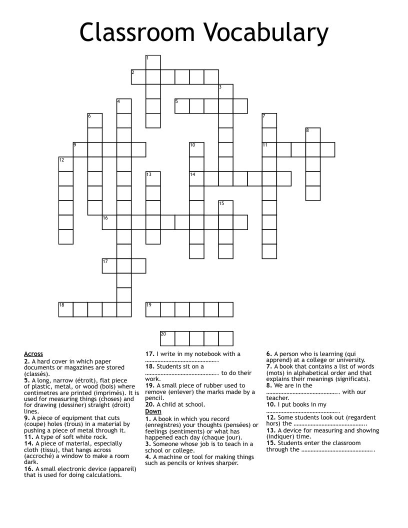 Classroom Vocabulary Crossword