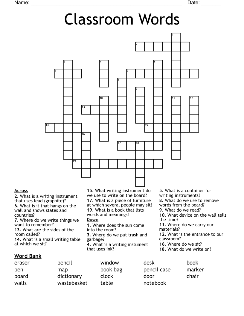 Classroom Words Crossword