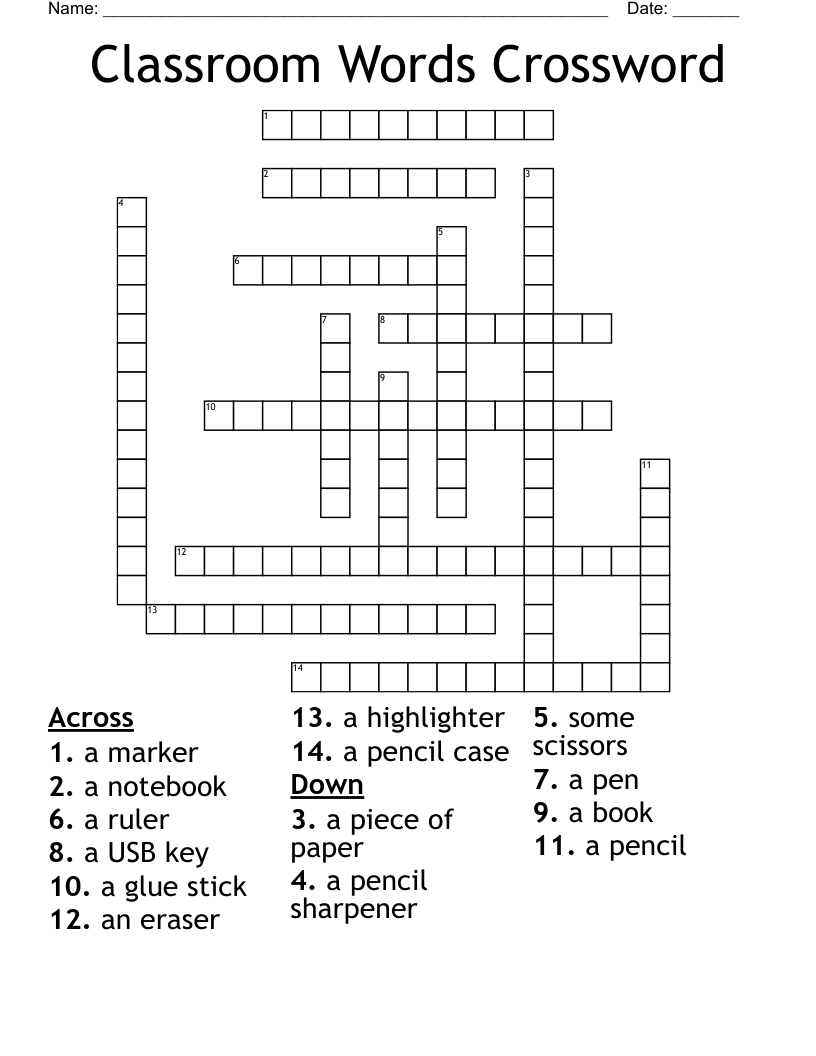 Classroom Words Crossword
