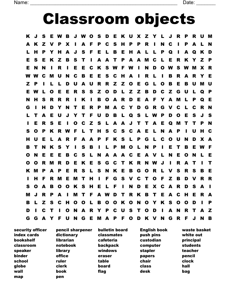 Classroom objects Word Search