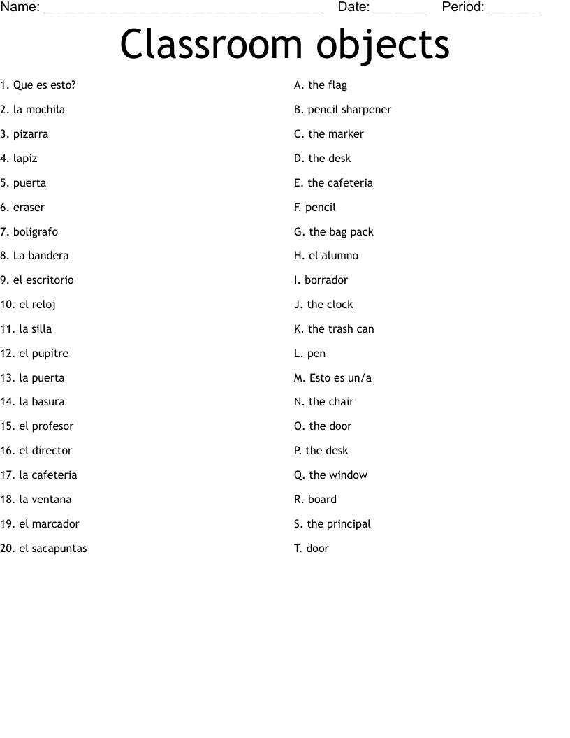Classroom objects Worksheet