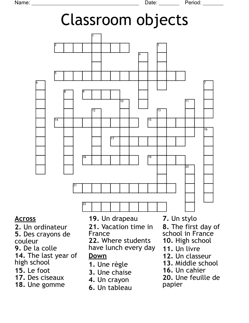 Classroom objects Crossword