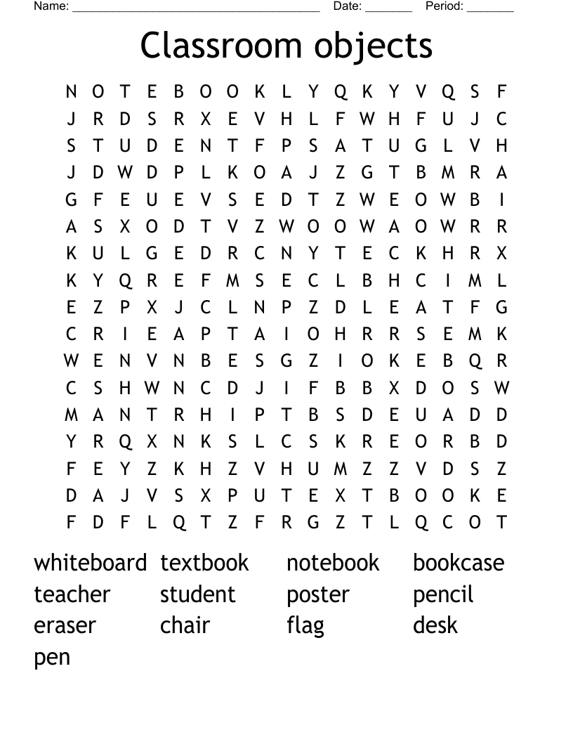Classroom objects Word Search