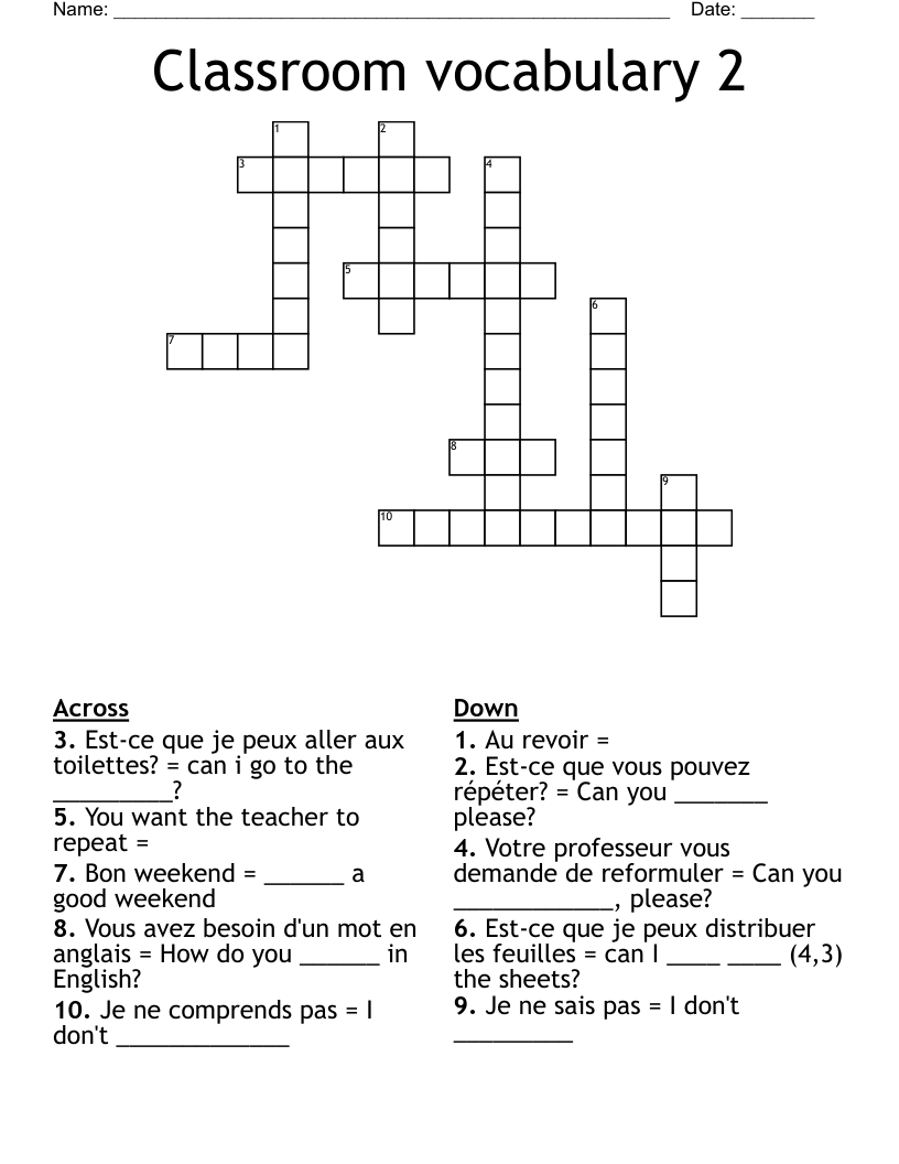 Classroom vocabulary 2 Crossword