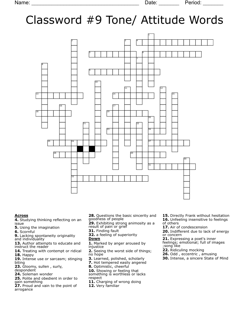Classword #9 Tone/ Attitude Words Crossword