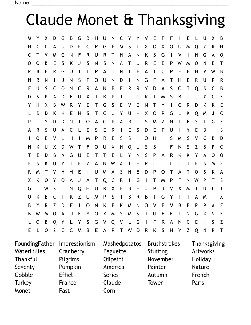 Claude Monet & Thanksgiving Word Search